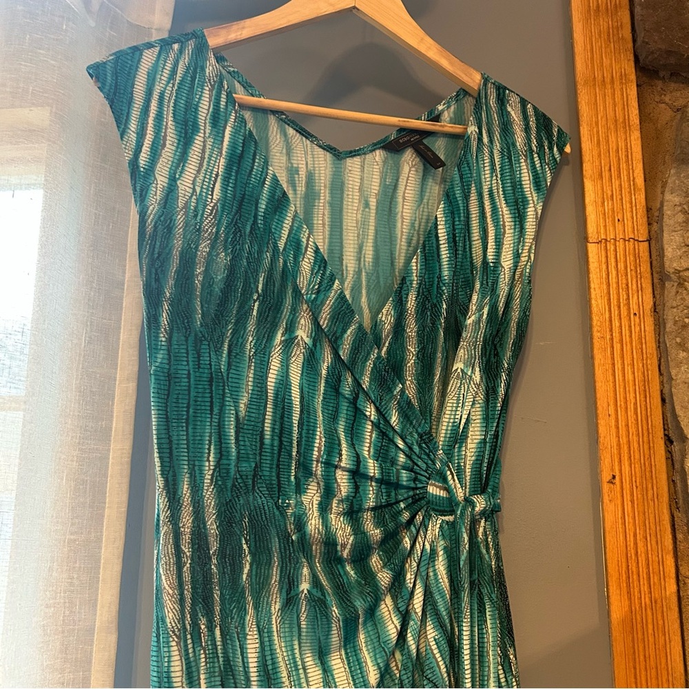 BCBG Petite Wrap-Style Dress | Green & White Print | Petite Small